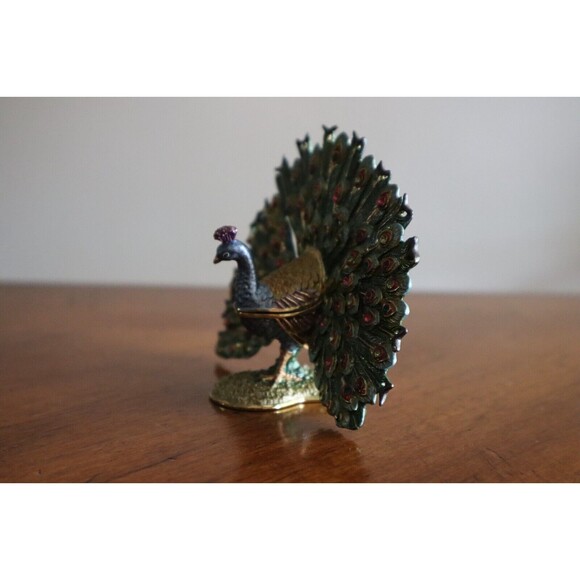 Vintage Rucinni Swarovski Crystal Accented Peacock Hinged Trinket Box SIGNED - Picture 12 of 12